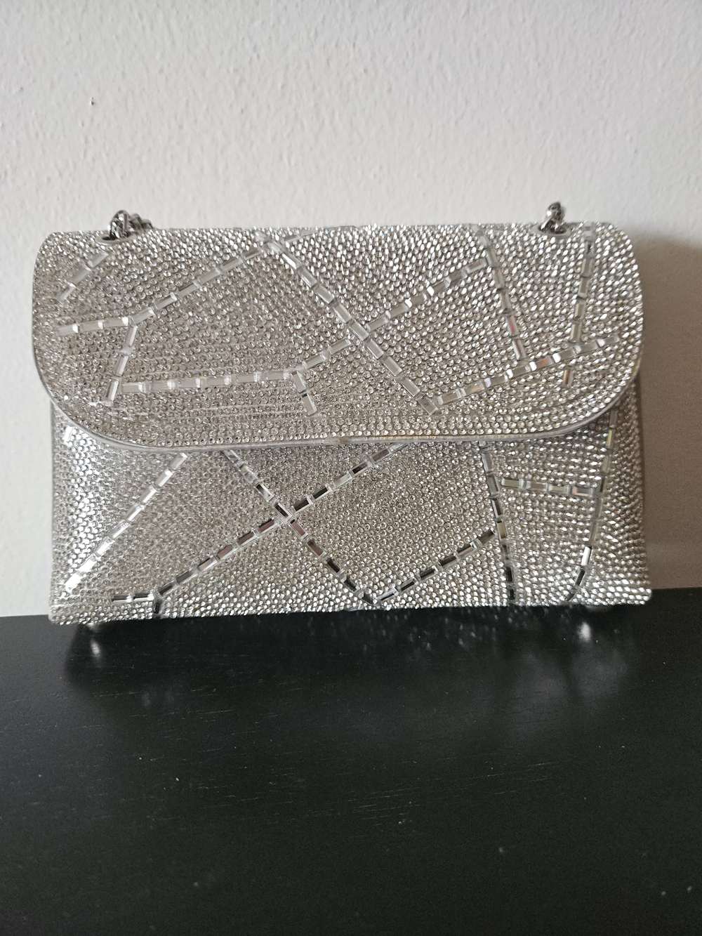 Silver Crystal-Embellished Evening Clutch